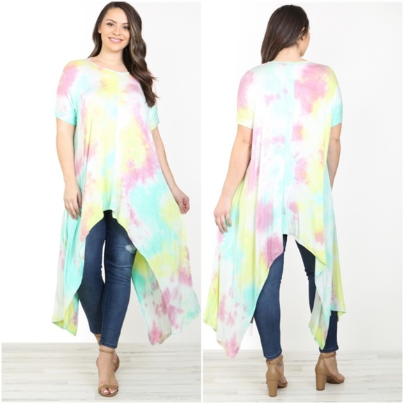#39 PINK YELLOW TIE DYE HI-LOW TOP - Picture 1 of 4